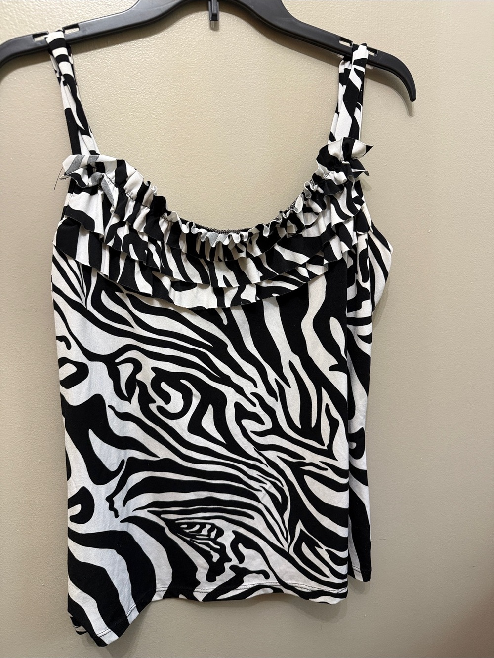 Saint Tropez West Black and White Zebra Ruffle-Trim Camisole